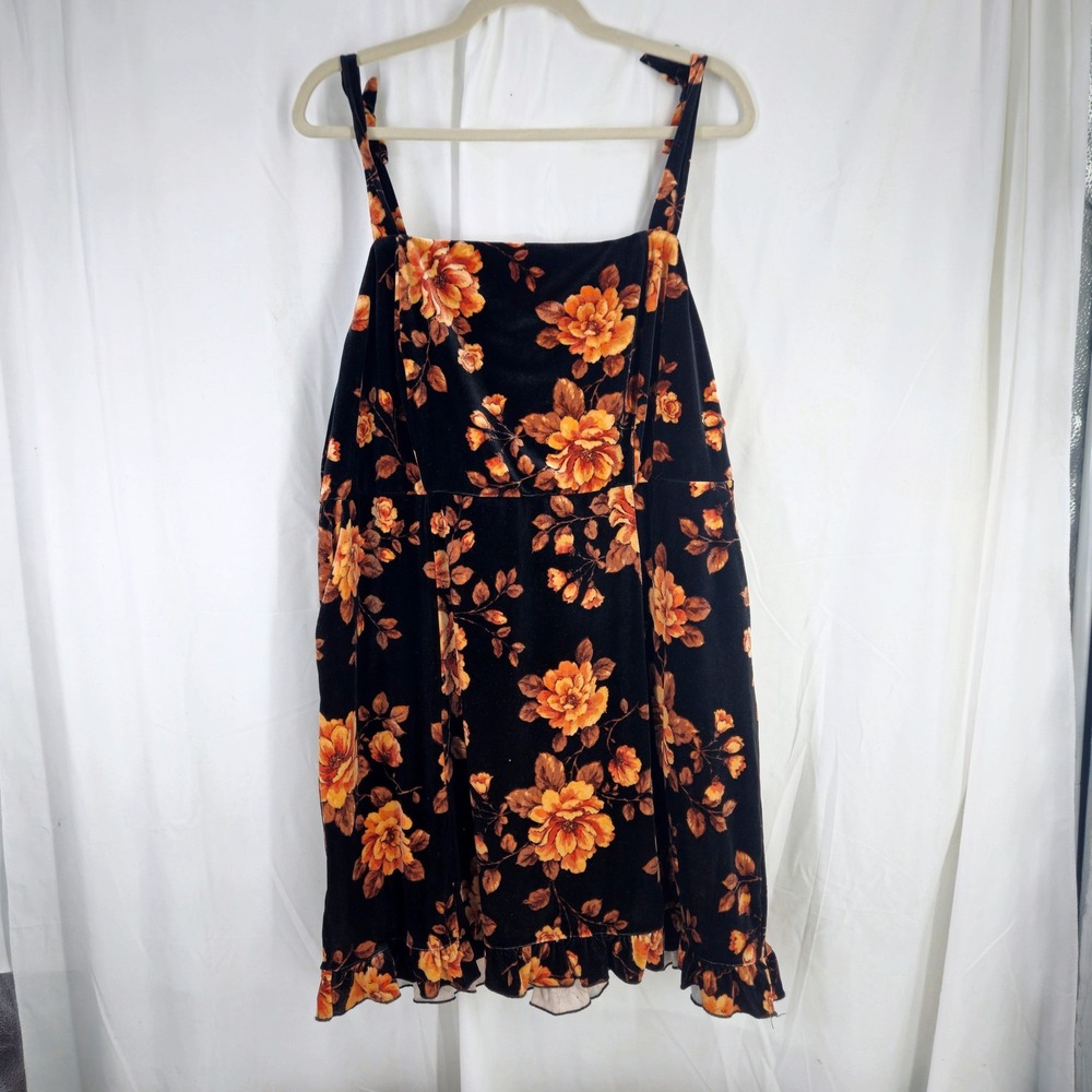 Torrid Womens Black Orange Floral Velvet Tie Strap Babydoll Dress Pockets Size 2